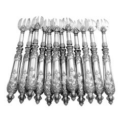 Antique Fabulous French All Sterling Silver Oyster Forks 12 pc w/original box Cherubs
