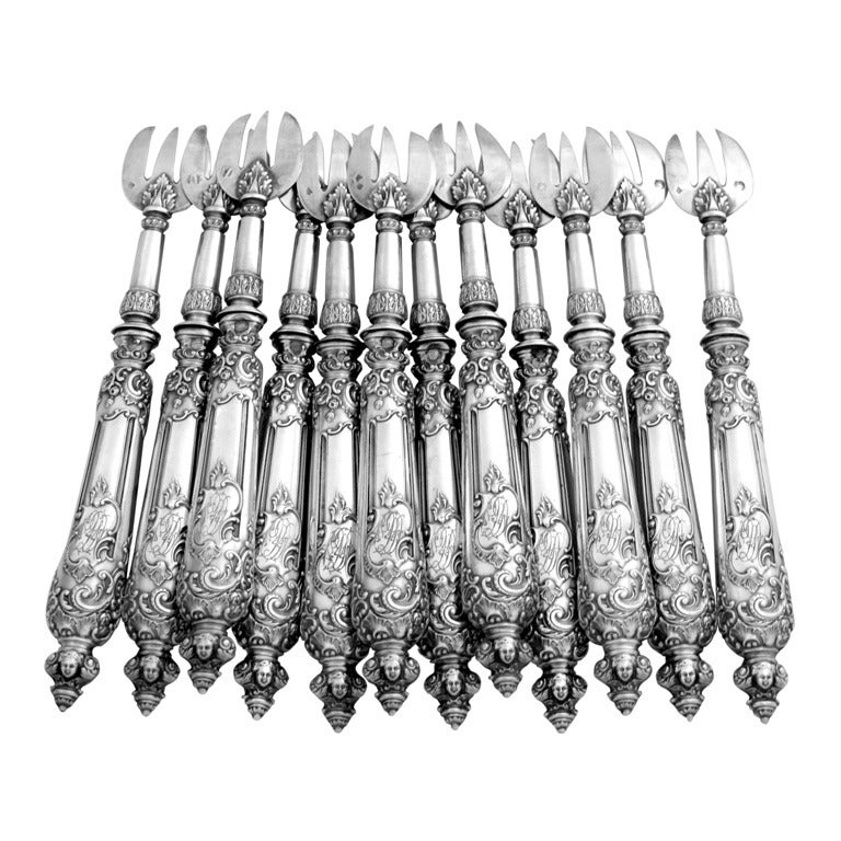 Fabulous French All Sterling Silver Oyster Forks 12 pc w/original box Cherubs