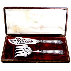 Antique Gorgeous French Sterling Silver Fish Servers 2 pc w/original box Rococo