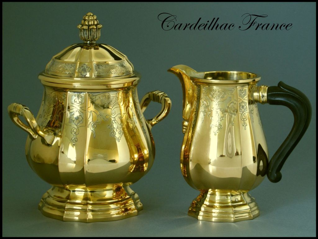 CARDEILHAC/CHRISTOFLE French All Sterling Silver Vermeil Tea Coffee Set 4 pc.
Masterpiece by two of the prestigious french silversmiths, Fabulous set, for the richness of its decoration, not only for its form and sculpting, but also for the