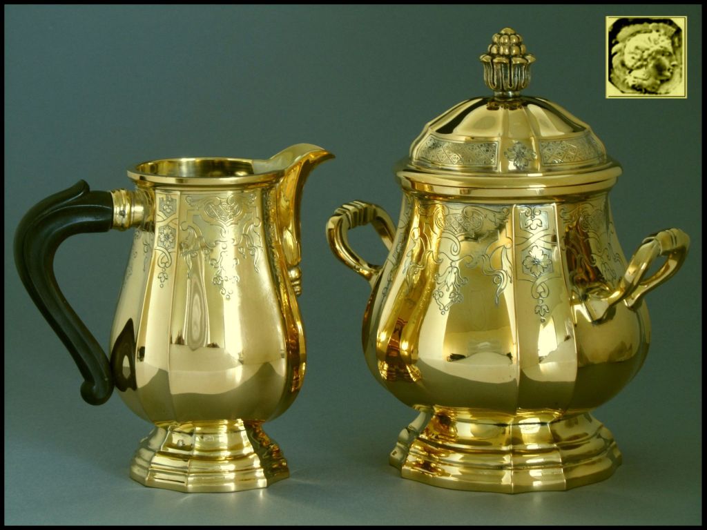 CHRISTOFLE French All Sterling Silver Vermeil Tea Coffee Set 4pc 4