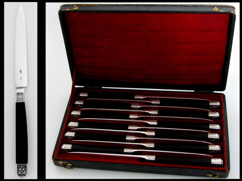Cardeilhac Rare 1840s French Sterling Silver and Ebony Knife Set 12 pc w/box In Good Condition For Sale In Triaize, Pays de Loire