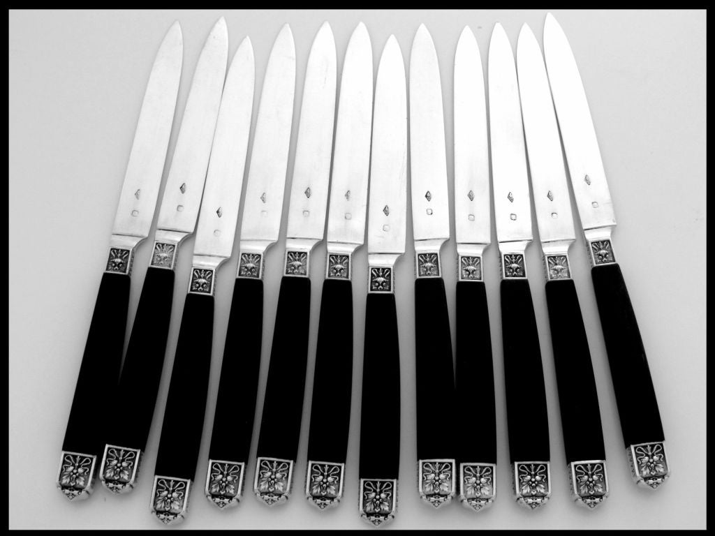 Cardeilhac Rare 1840s French Sterling Silver and Ebony Knife Set 12 pc w/box For Sale 1