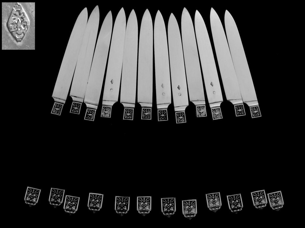 Cardeilhac Rare 1840s French Sterling Silver and Ebony Knife Set 12 pc w/box For Sale 4