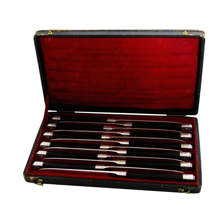 Cardeilhac Rare 1840s French Sterling Silver and Ebony Knife Set 12 pc w/box For Sale
