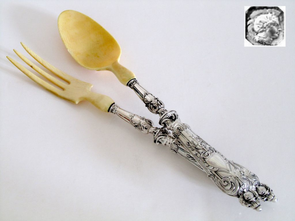 Art Nouveau Antique French Sterling Silver & Ivory Salad Serving Set 2 pc w/box