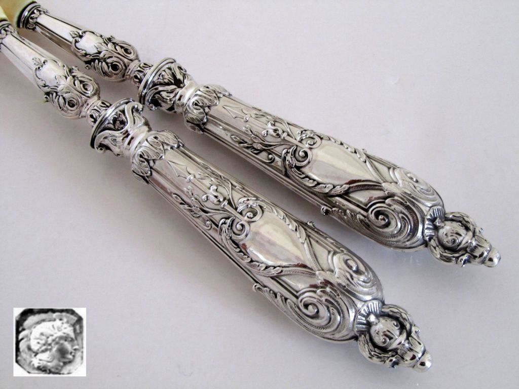 Antique French Sterling Silver & Ivory Salad Serving Set 2 pc w/box In Good Condition In Triaize, Pays de Loire