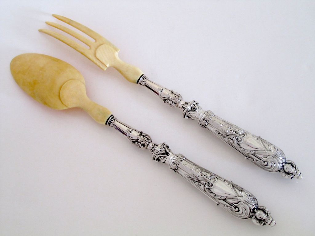 Women's or Men's Antique French Sterling Silver & Ivory Salad Serving Set 2 pc w/box