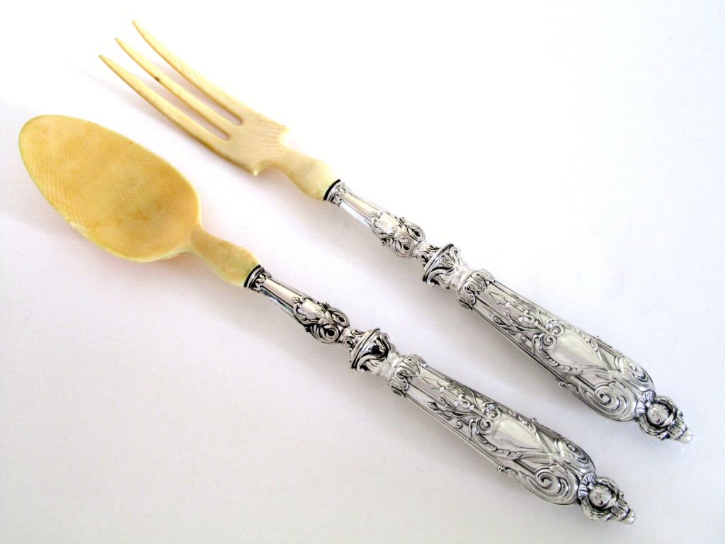 Antique French Sterling Silver & Ivory Salad Serving Set 2 pc w/box 1