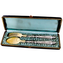 Antique French Sterling Silver & Ivory Salad Serving Set 2 pc w/box