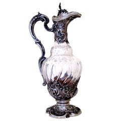 Imposing French Sterling Silver & Cut Crystal Claret Jug/Decanter 13" Rococo
