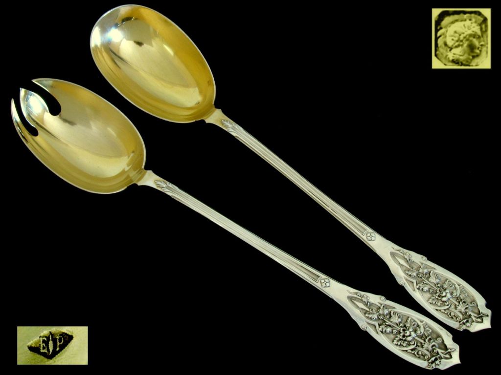 PUIFORCAT French All Sterling Silver Vermeil Salad Serving Set 2 pc Foliage

The design and workmanship of this set is exceptional.  This salad serving set comprising a three-tined fork and a spoon. the polylobed bowl of the fork and spoon are in