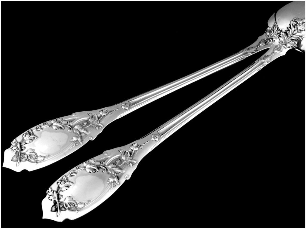 PUIFORCAT French All Sterling Silver Vermeil Salad Serving Set 2pc Foliage For Sale 1