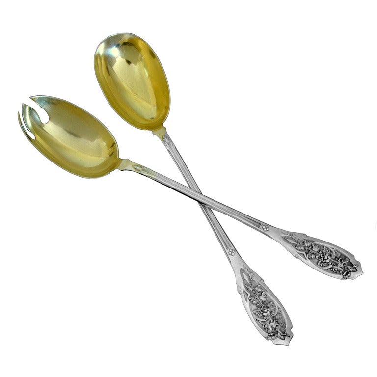 PUIFORCAT French All Sterling Silver Vermeil Salad Serving Set 2pc Foliage For Sale