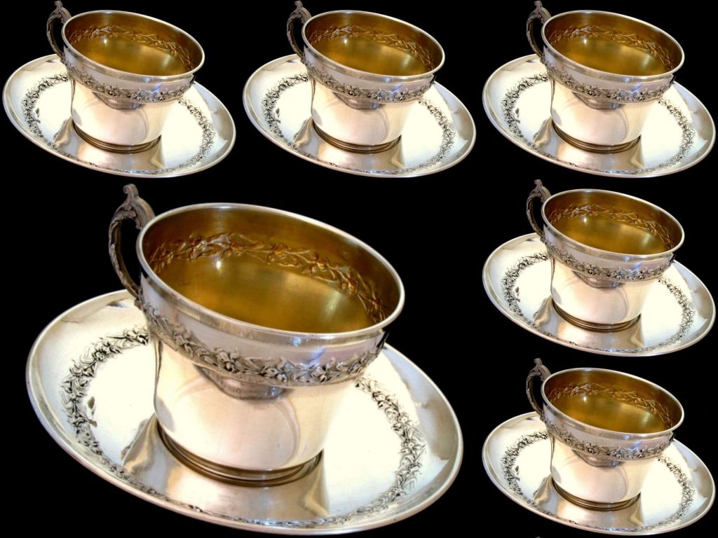 RAVINET French Sterling Silver Vermeil Six Chocolate/Coffee/Tea Cups w/Saucers 3