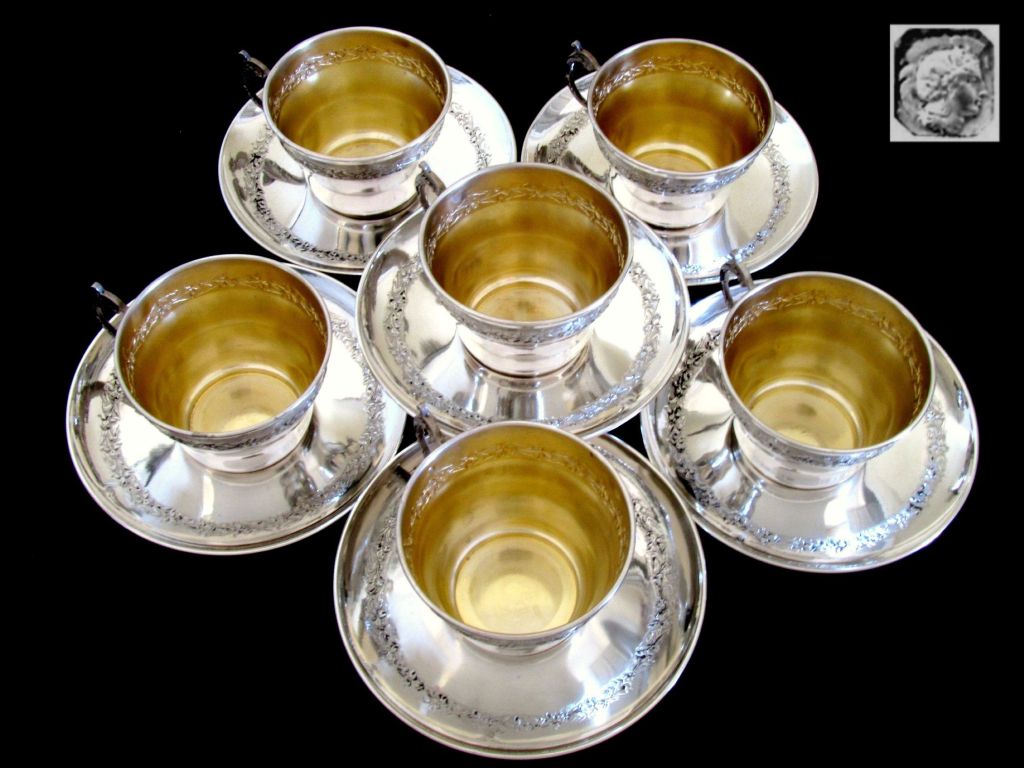Art Nouveau RAVINET French Sterling Silver Vermeil Six Chocolate/Coffee/Tea Cups w/Saucers