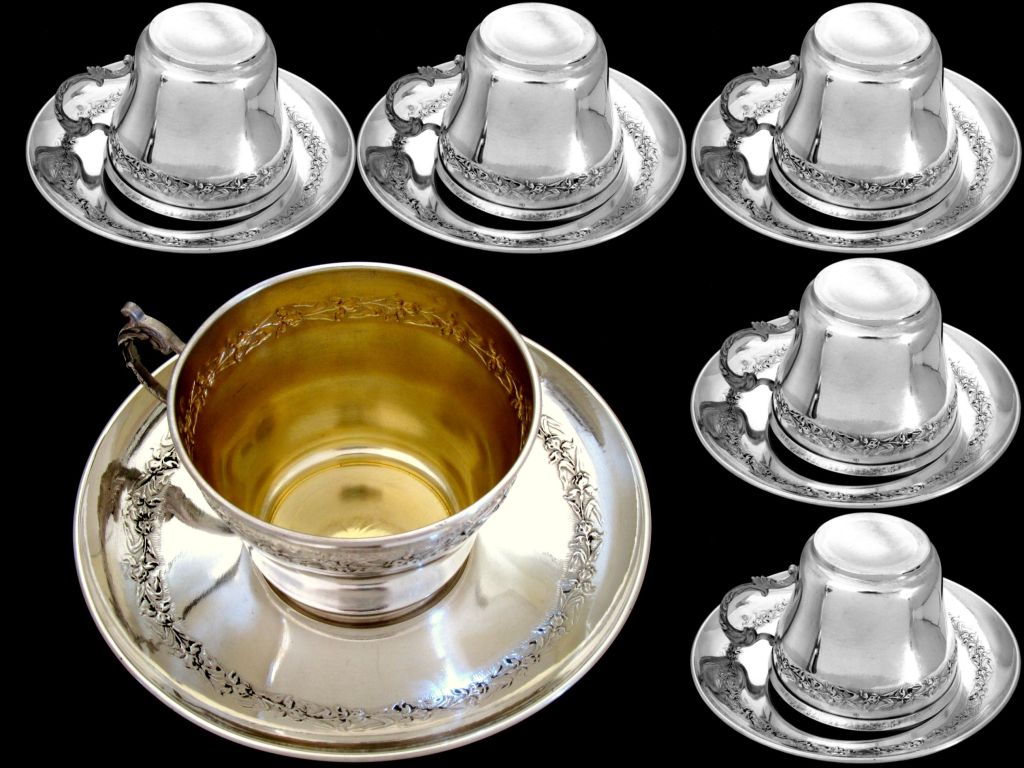 Women's or Men's RAVINET French Sterling Silver Vermeil Six Chocolate/Coffee/Tea Cups w/Saucers