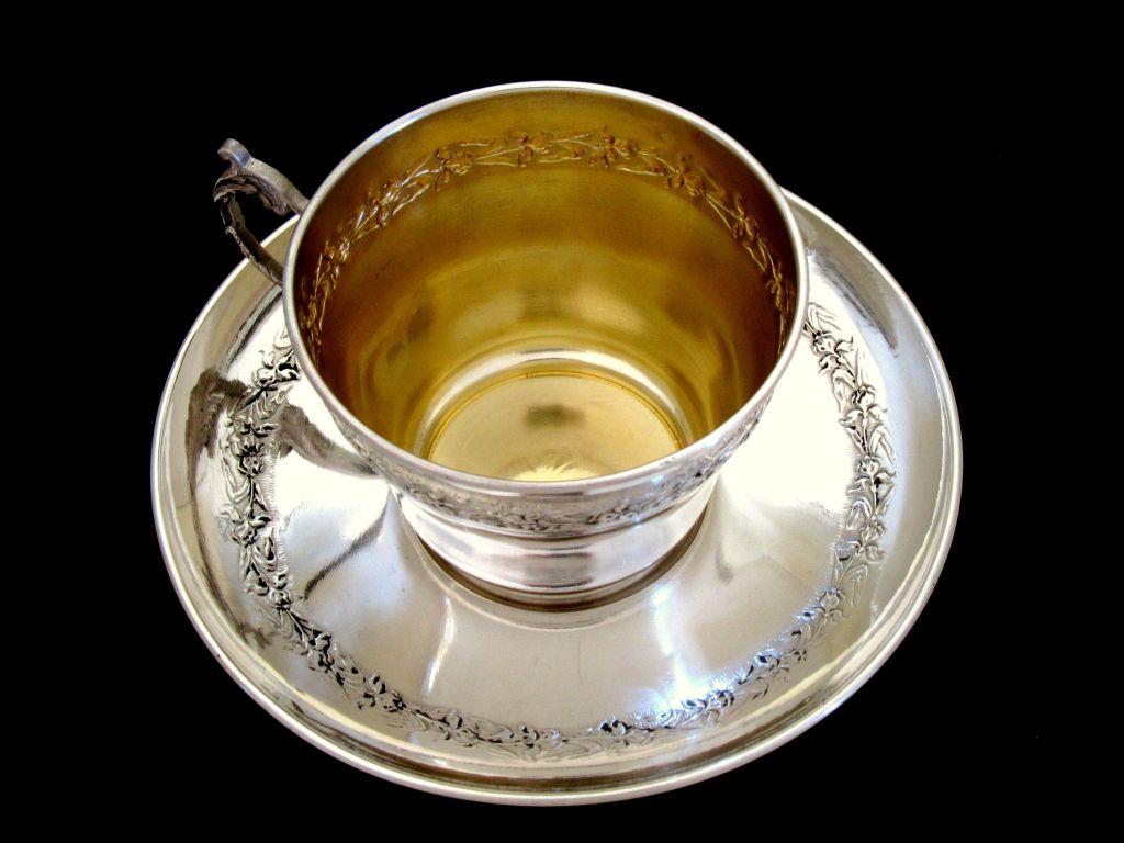 RAVINET French Sterling Silver Vermeil Six Chocolate/Coffee/Tea Cups w/Saucers 1