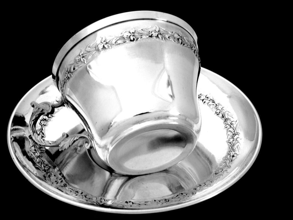 RAVINET French Sterling Silver Vermeil Six Chocolate/Coffee/Tea Cups w/Saucers 2