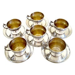 Antique RAVINET French Sterling Silver Vermeil Six Chocolate/Coffee/Tea Cups w/Saucers
