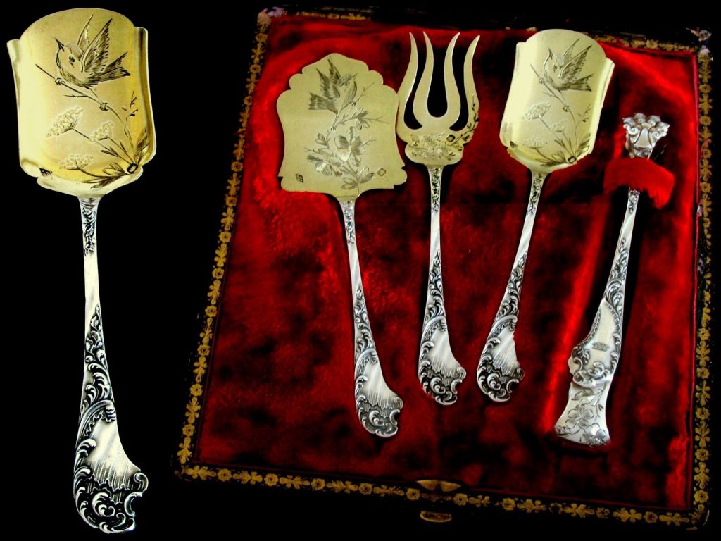 BOIVIN French All Sterling Silver Vermeil Dessert Set 4 pc Crown w/box Rococo