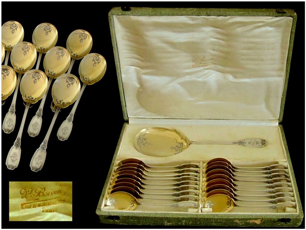 Boivin Fabulous French All Sterling Silver Vermeil Ice Cream Set 19 pc w/box. Inspired by Louis XIV style, this set comprising a shaped server and eighteen ice cream spoons. The upper parts and handles are engraved with ribbons and shells motifs.