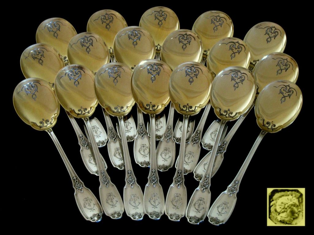 Boivin Fabulous French All Sterling Silver Vermeil Ice Cream Set 19 pc w/box In Good Condition In Triaize, Pays de Loire