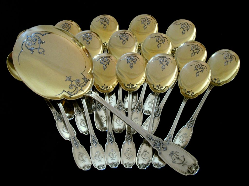 Women's or Men's Boivin Fabulous French All Sterling Silver Vermeil Ice Cream Set 19 pc w/box