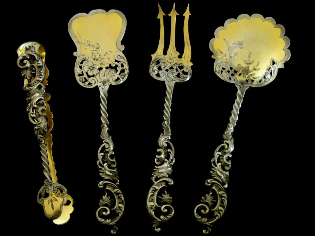 Hervorragende Französisch alle Sterling Silber Vermeil Dessert Set 4 Stück w / Box Rokoko 4