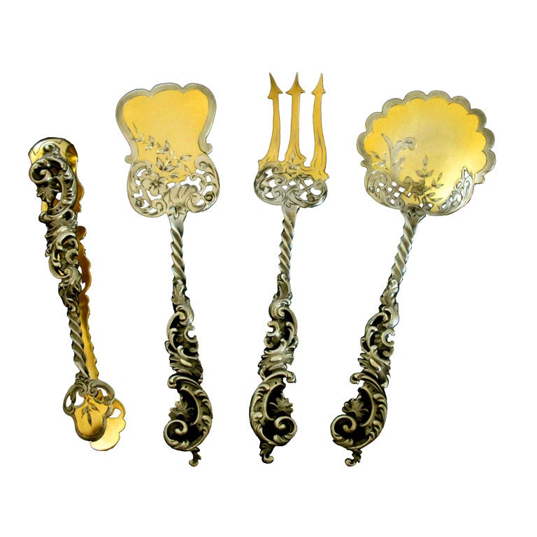 Hervorragende Französisch alle Sterling Silber Vermeil Dessert Set 4 Stück w / Box Rokoko