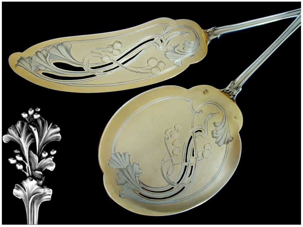 Soufflot Rare French All Sterling Silver Vermeil Ice Cream Set 2 pc Mistletoe For Sale 5