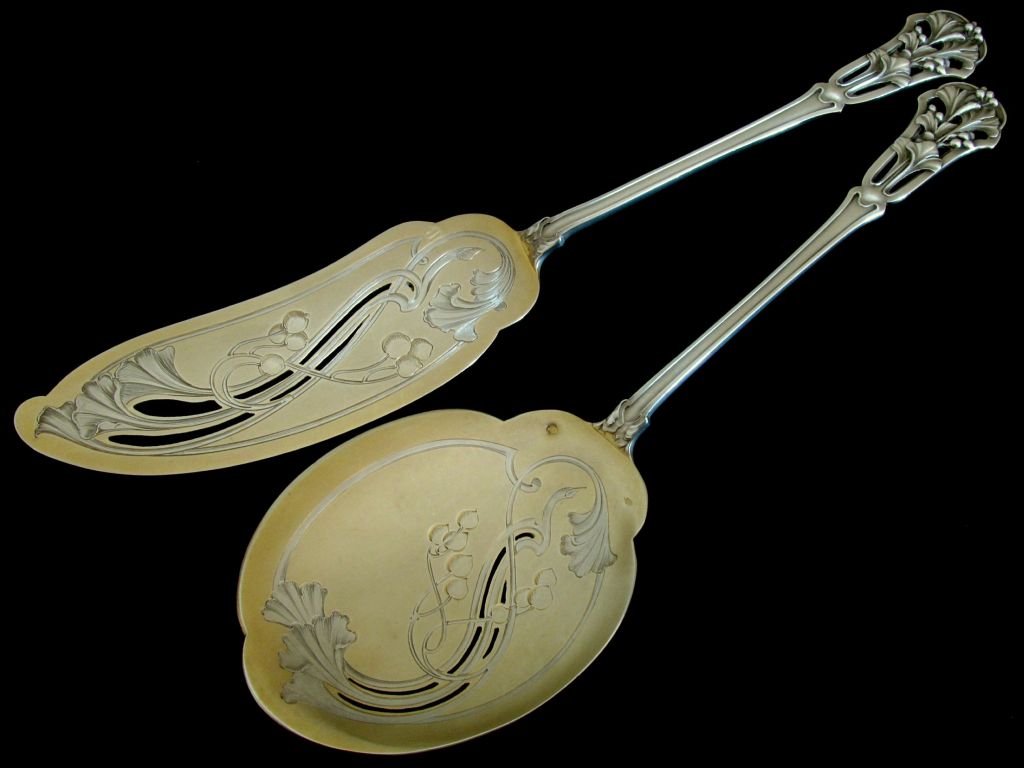 Soufflot Rare French All Sterling Silver Vermeil Ice Cream Set 2 pc Mistletoe For Sale 3