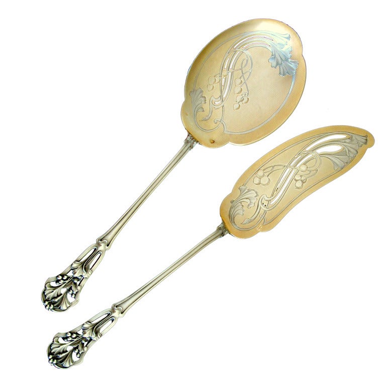Soufflot Rare French All Sterling Silver Vermeil Ice Cream Set 2 pc Mistletoe For Sale
