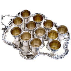 Antique PUIFORCAT Gorgeous French Sterling Silver Liquor Cups 12 pc w/Tray Rococo