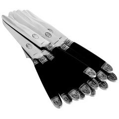 Used THIERS French Silver & Ebony Dinner Knife Set 12 pc box Stainless Blades Cornucopia