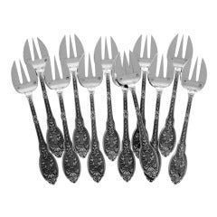 Antique LINZELER Fabulous French All Sterling Silver Oyster Forks 12 pc Armorial Crown