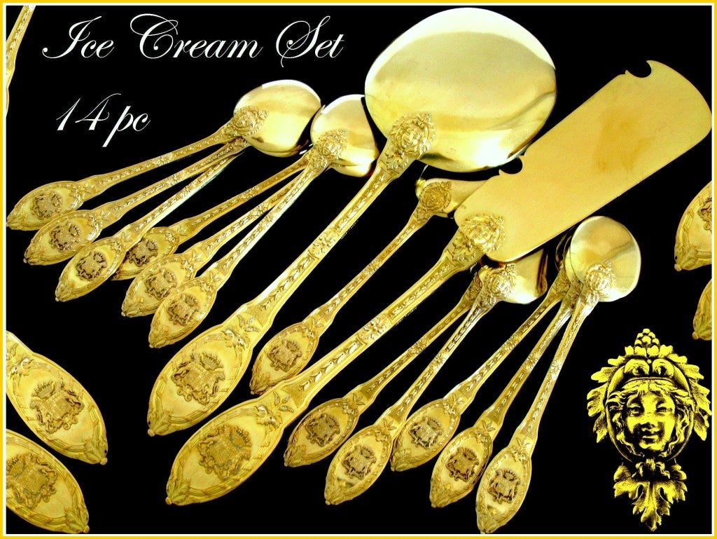 LINZELER French All Sterling Silver Vermeil Ice Cream Set 14 pc Armorial Crown