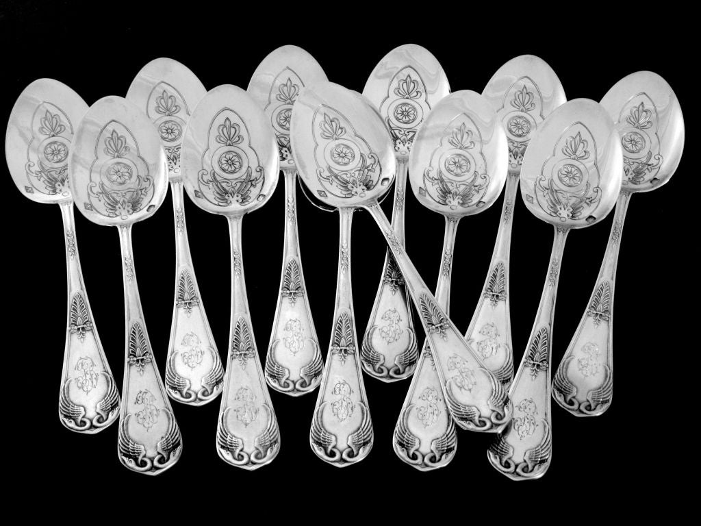 Fabulous French All Sterling Silver Ice Cream Set 13 pc Swans Empire at 1stDibs