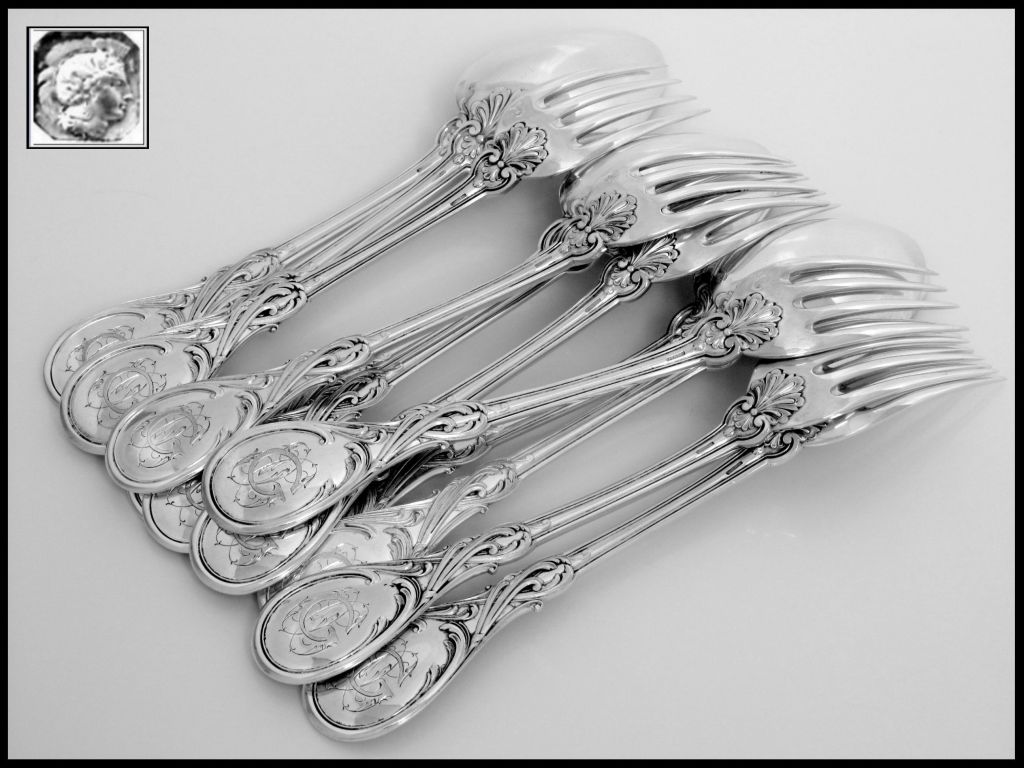 Veyrat 1840s Fabulous French Sterling Silver Dinner Flatware Set 12 pc Rococo

The design and workmanship of this flatware is exceptional. The handles have a sophisticated and unusual Rococo Pattern. A perfect investment for the future and a