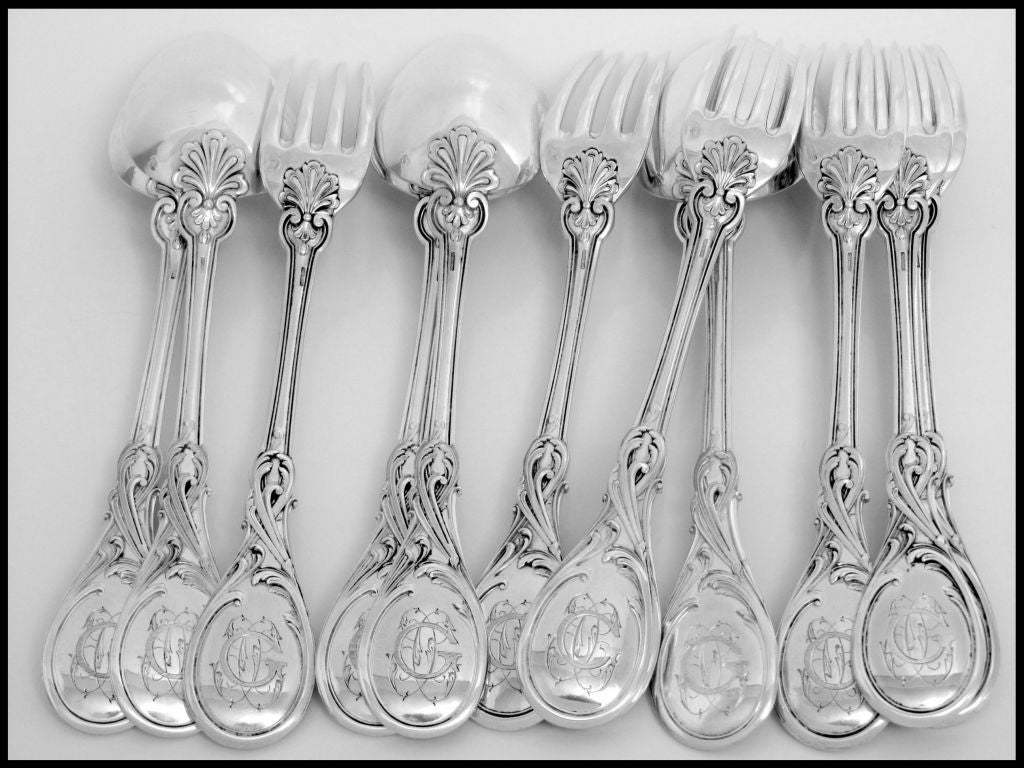 Veyrat 1850s Fabulous French Sterling Silver Dinner Flatware Set 12 pc Rococo In Good Condition For Sale In Triaize, Pays de Loire