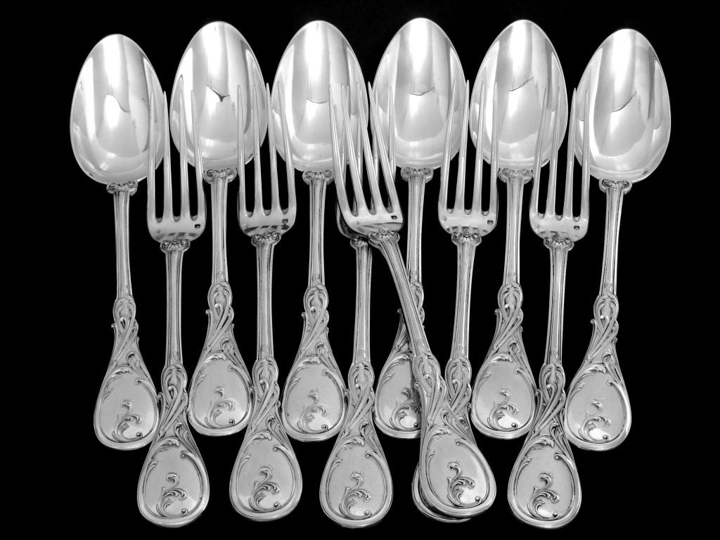 Women's or Men's Veyrat 1850s Fabulous French Sterling Silver Dinner Flatware Set 12 pc Rococo For Sale
