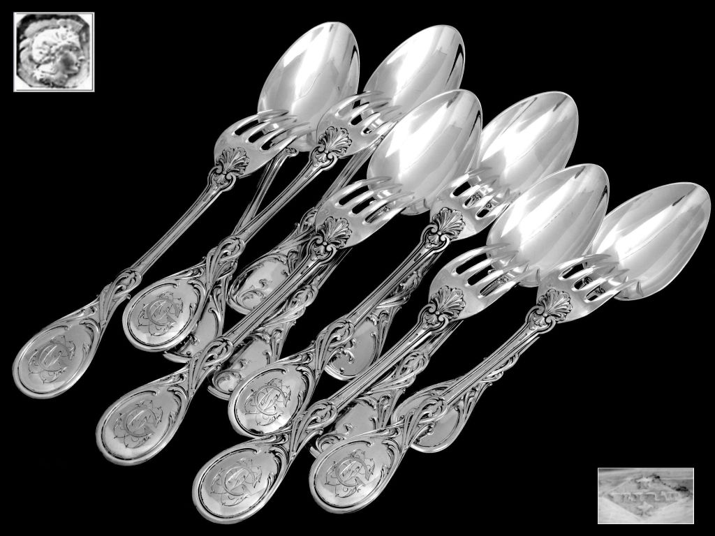 Veyrat 1850s Fabulous French Sterling Silver Dinner Flatware Set 12 pc Rococo For Sale 4