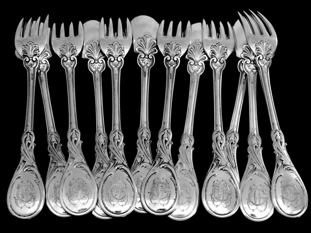 Veyrat 1850s Fabulous French Sterling Silver Dinner Flatware Set 12 pc Rococo For Sale 5