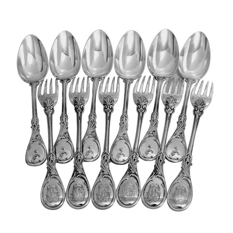 Veyrat 1850s Fabulous French Sterling Silver Dinner Flatware Set 12 pc Rococo For Sale