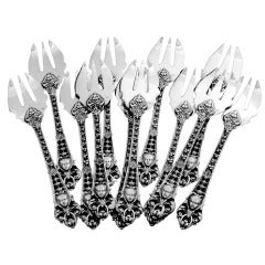 Antique Exceptional All Sterling Silver Oyster Forks 12 pc Mascarons Renaissance