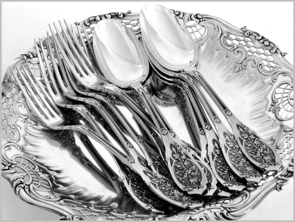 PUIFORCAT Top Quality French Sterling Silver Dessert Flatware Set 12 pc Foliage