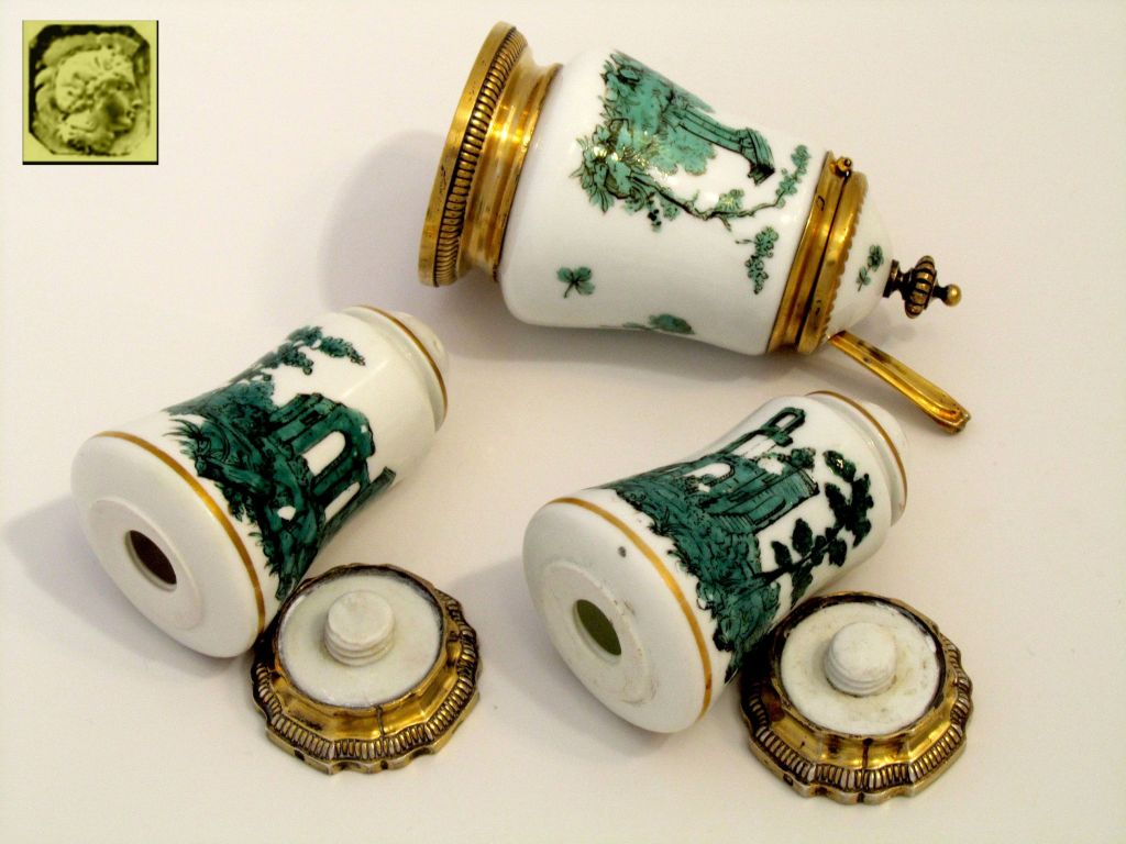 French Sterling Silver Vermeil and Sevres Porcelain Condiment Set 4 pc with Box For Sale 5