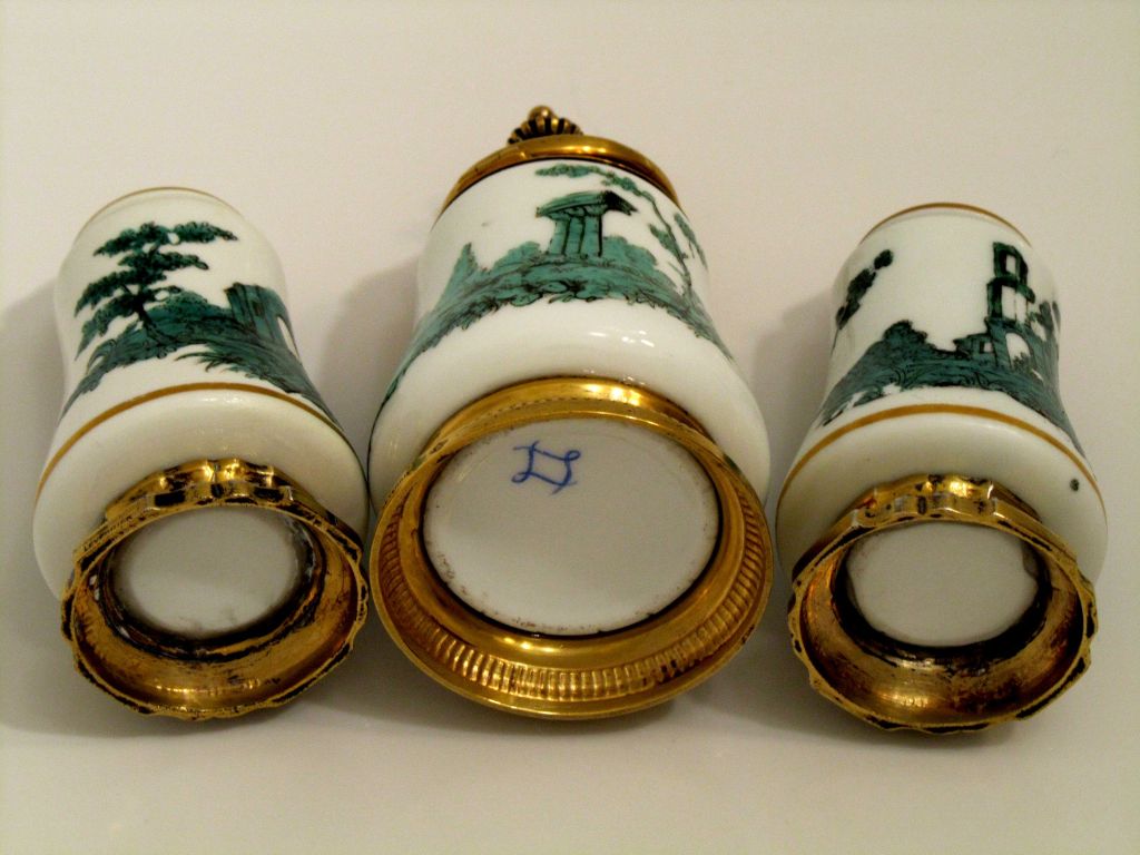 French Sterling Silver Vermeil and Sevres Porcelain Condiment Set 4 pc with Box For Sale 1