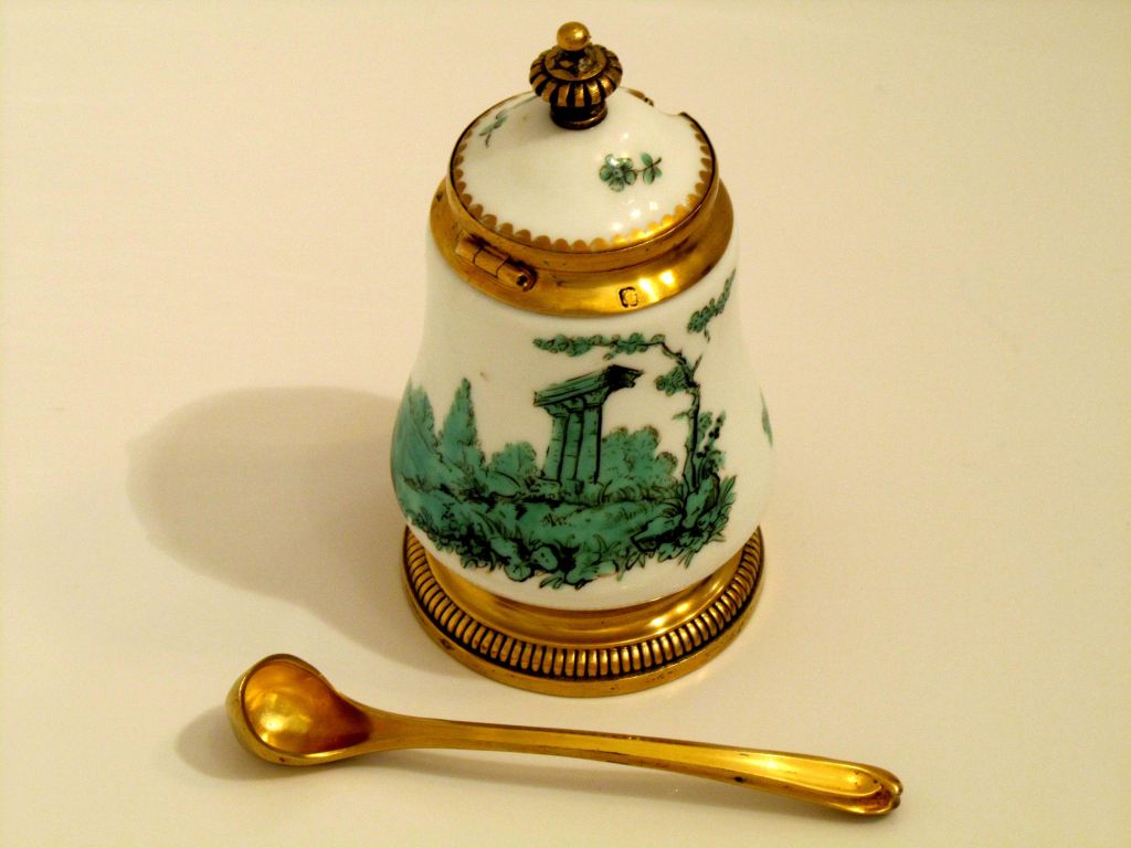 French Sterling Silver Vermeil and Sevres Porcelain Condiment Set 4 pc with Box For Sale 2