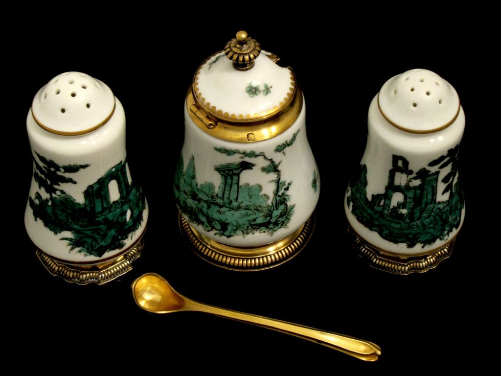 French Sterling Silver Vermeil and Sevres Porcelain Condiment Set 4 pc with Box For Sale 4